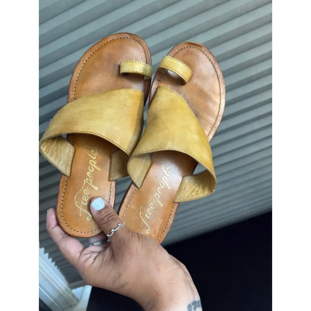 Free People Leather Toe Ring Slide Sandals Mustard Yellow EU 38 Boho